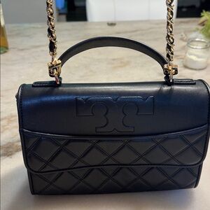 Tory Burch Black Quilted Leather Crossbody with Gold Chain